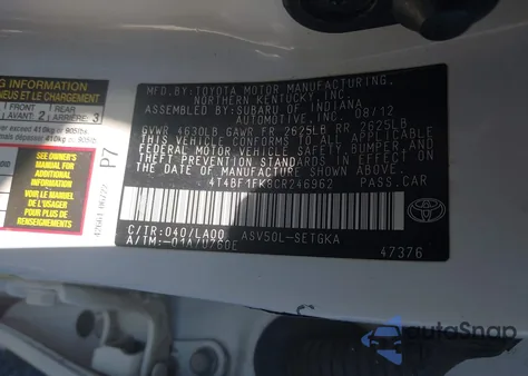 2012 Toyota Camry Xle from USA, damaged, VIN 4T4BF1FK8CR246962